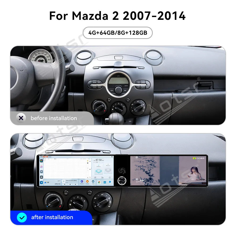 

For Mazda 2 2007-2014 12.3" Android 13 Dual Screen Car Radio Car Multimedia Video Player GPS Navigation Carplay Unit Car Radio