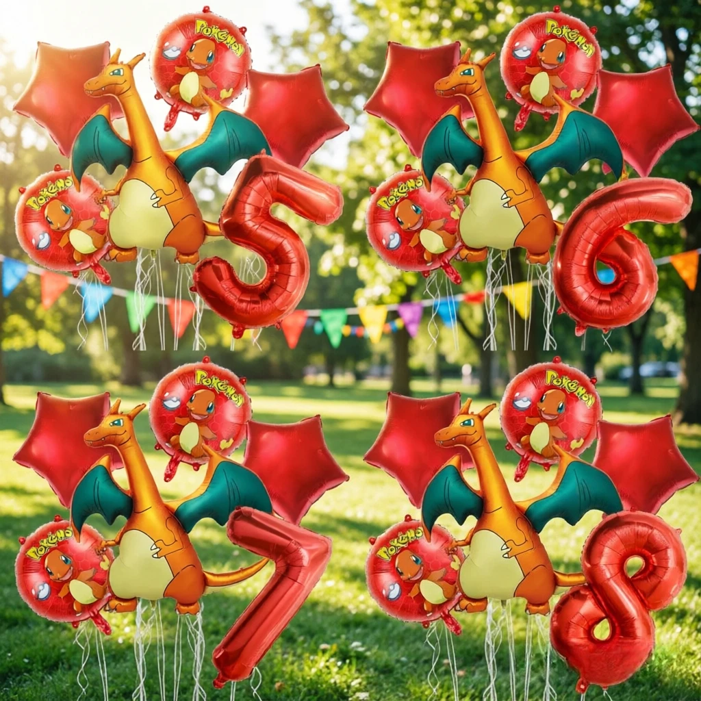 Art Craft Dinosaur - ชุดลูกโป่งตัวเลขตกแต่งวันเกิดโปเกมอน 6 ชิ้น ลูกโป่งฟอยล์ไดโนเสาร์สีแดง ลูกโป่งชาริซาร์ด ของขวัญวันเกิด