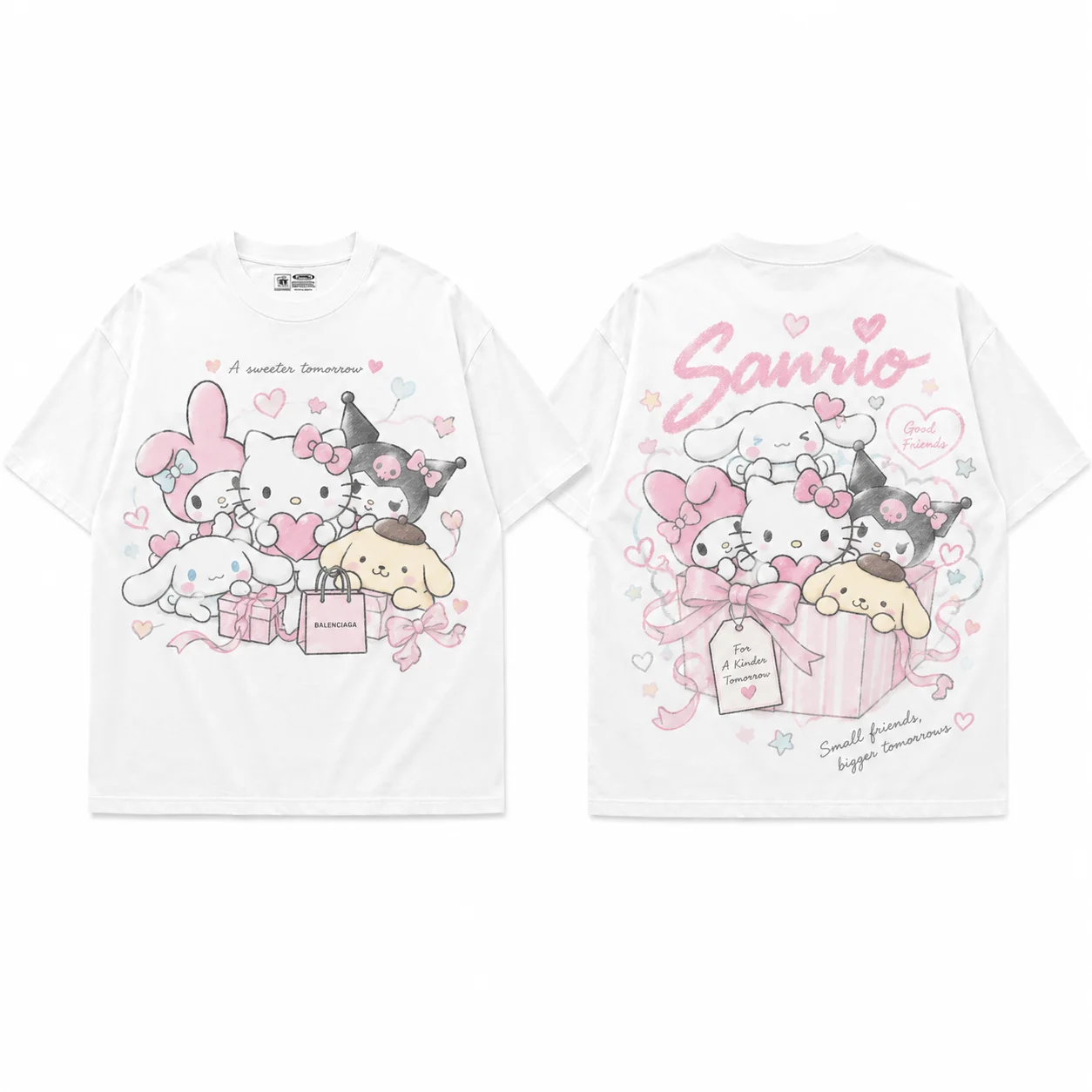 Sanrio Hello Kitty Good Friends Parent Child Graffiti Print T Shirt Men's Women's White Kawaii Cute Streetwear Short Sleeve Top