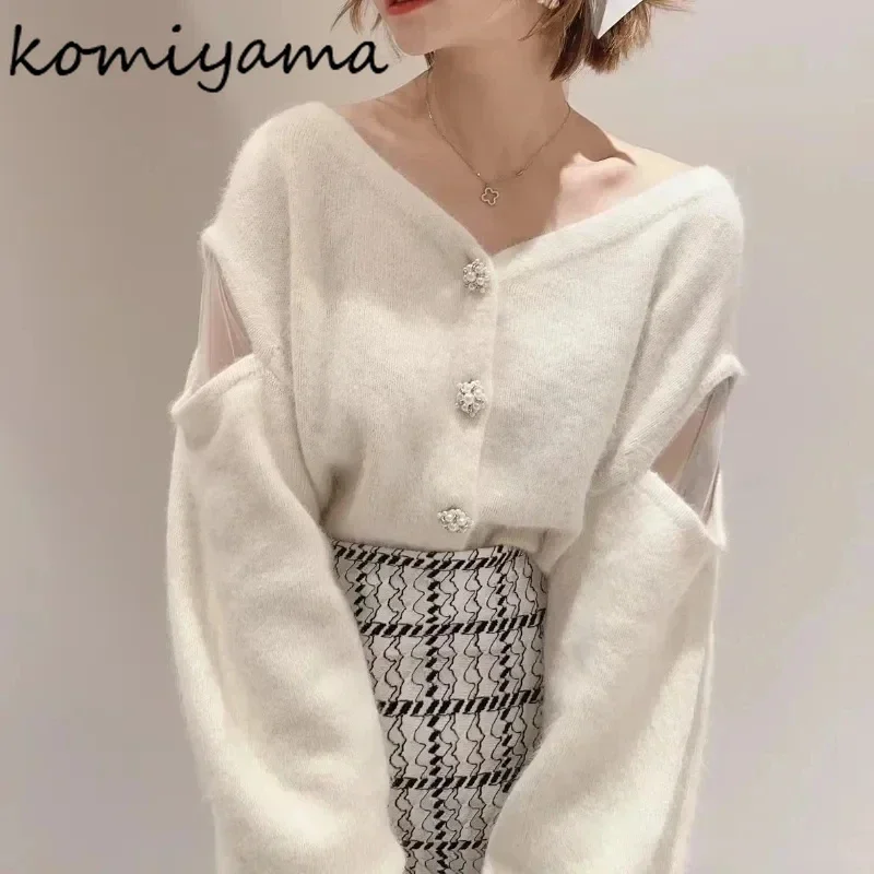 

Rhinestone Single Breasted Cardigans Femme Mesh Patchwork Sweater Fall Womens Clothing Japan Ropa Mujer V Neck Knitwears Tops