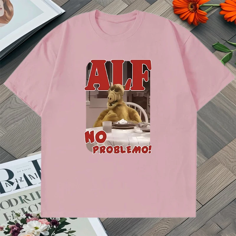 Camiseta con estampado con dibujo de ALF NO PROBLEMO para hombre y mujer, camiseta de manga corta con cuello redondo, Top informal holgado de algodón puro, Popular de verano 2025