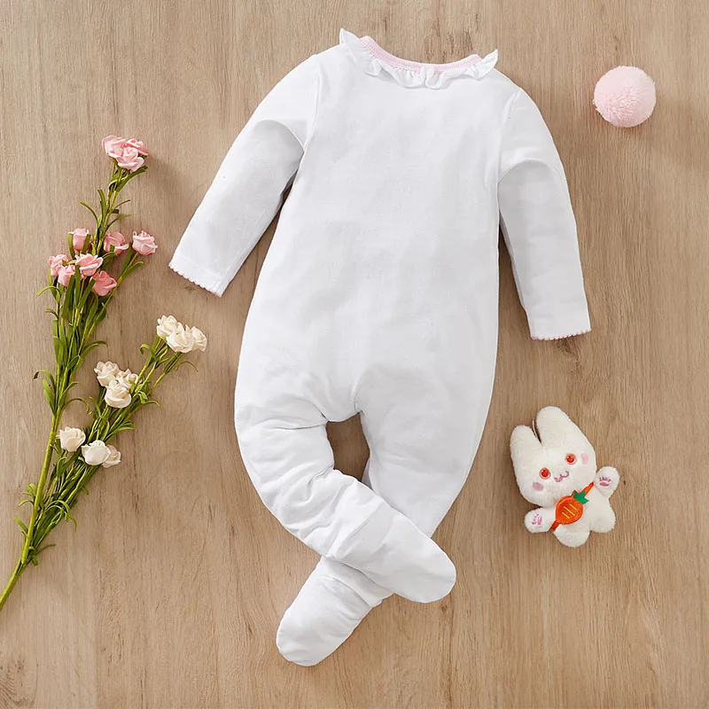 Infant\'s White rabbit Print 0-18 months Bodysuit Spring and Autumn Comfy Long Sleeve Onesie, Baby Boy\'s Clothing, As Gift