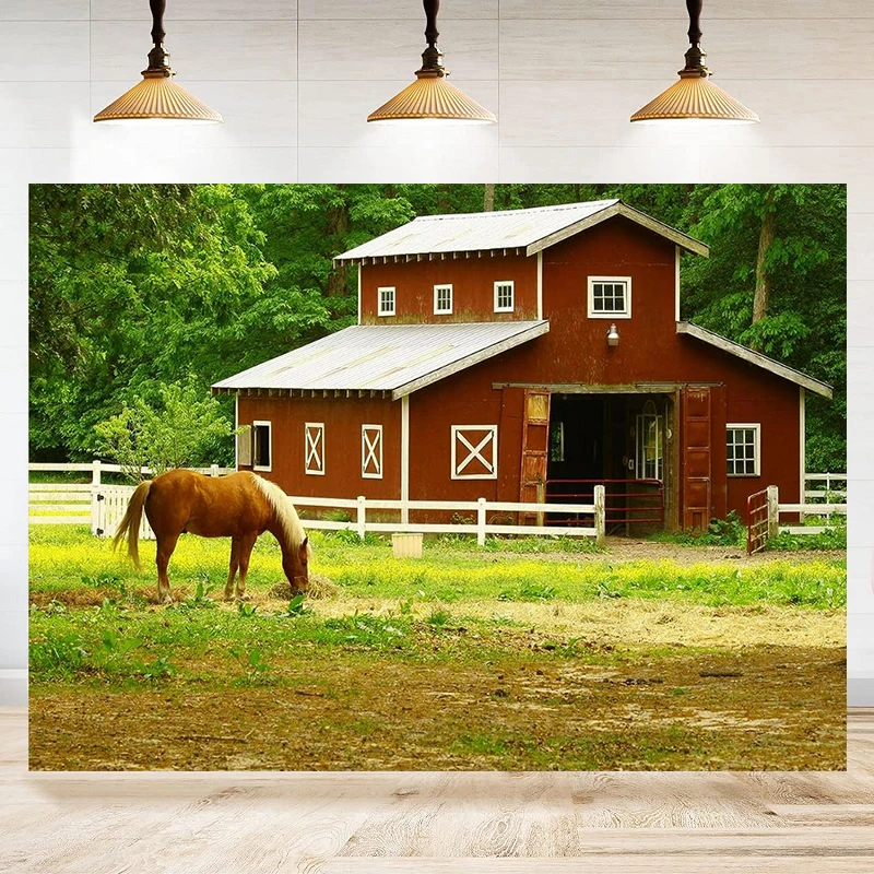 Stable Photography Backdrop Horse Barn Farm Field Summer Countryside Wooden Fence Background Party Decoration Banner