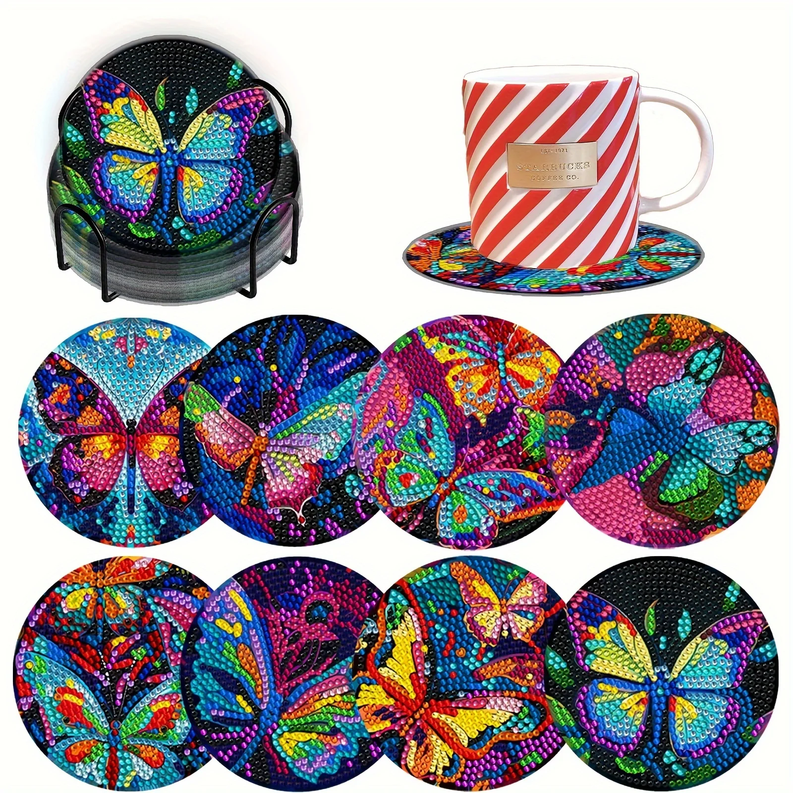 

8 pieces of colorful style painting coasters with brackets, DIY art coaster set, suitable for beginner art and craft supplies