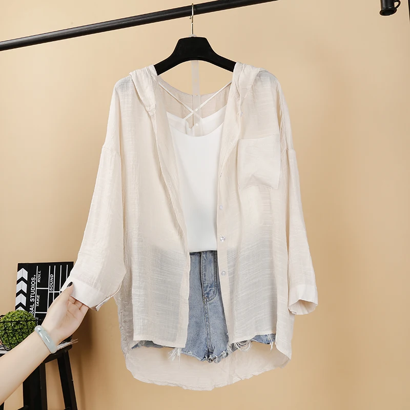 Women\'s Summer Cotton Linen Hoody Long Shirts Cardigan White Beige Yellow Blue Shirts Blouses Casual Loose Sun-Protection Top