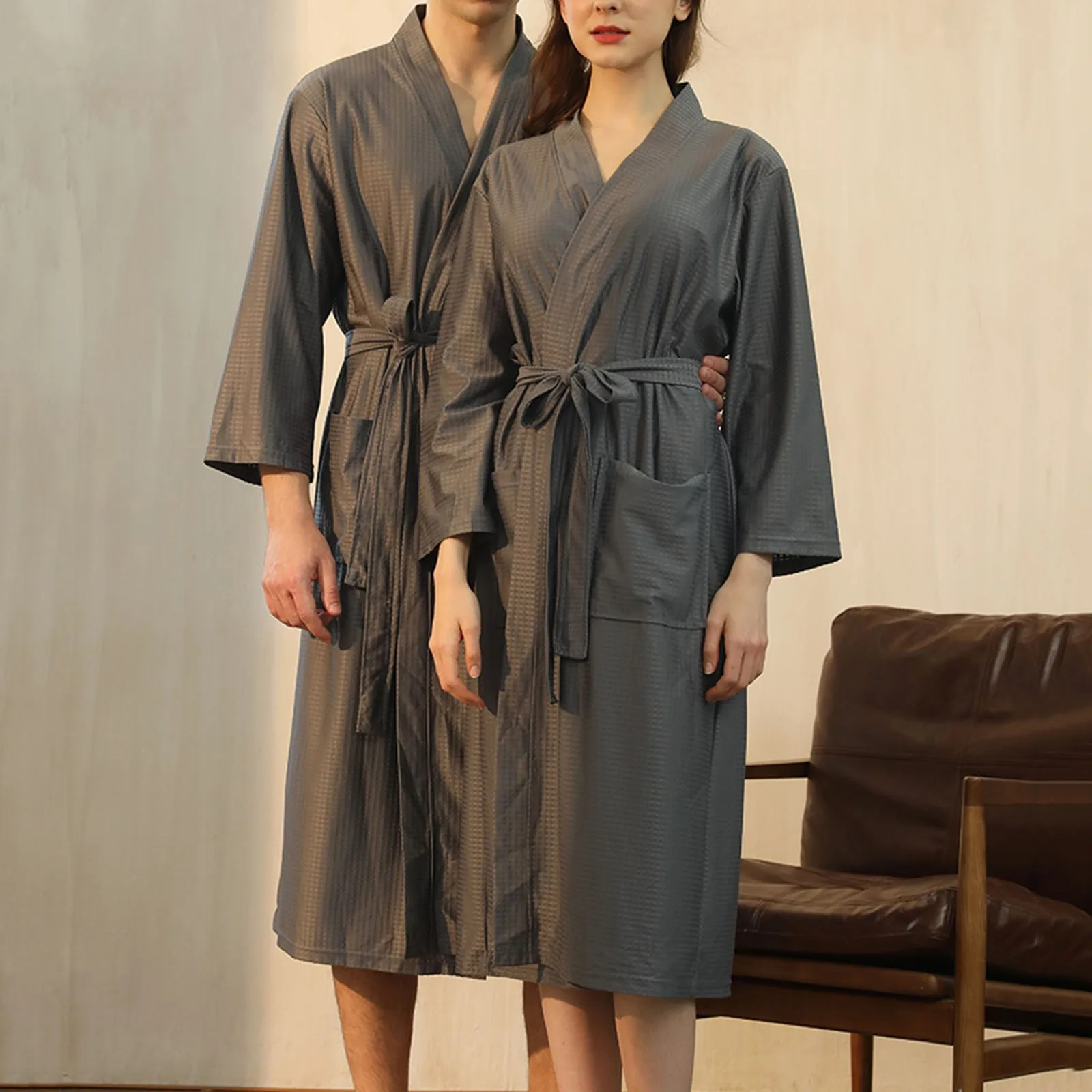 Men Women Waffle Bathrobe Couple Homewear SPA Quick Dry Sleepwear With Pocket and Belt 2024 Long Pajamas Solid Color Bath Robe