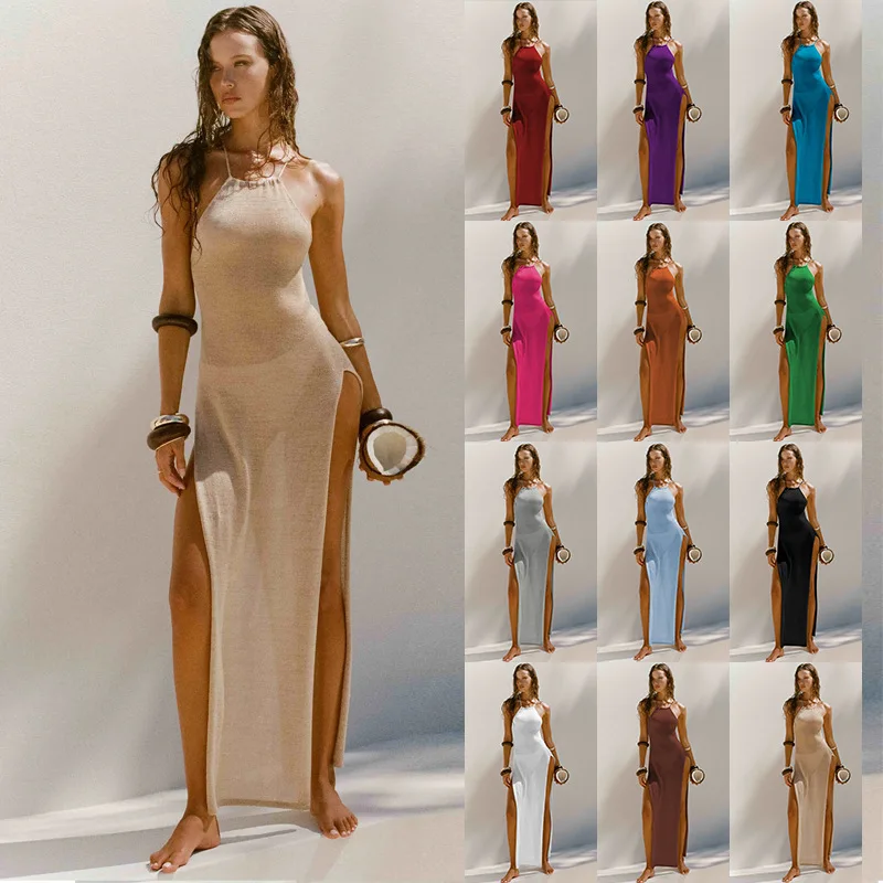 "Zeyla 2024 Summer Double Slit Dress - แม็กซี่เดรสถักเปลือยพร้อมสายสปาเก็ตตี้ชุดบอดี้คอนวันหยุดชายหาด"