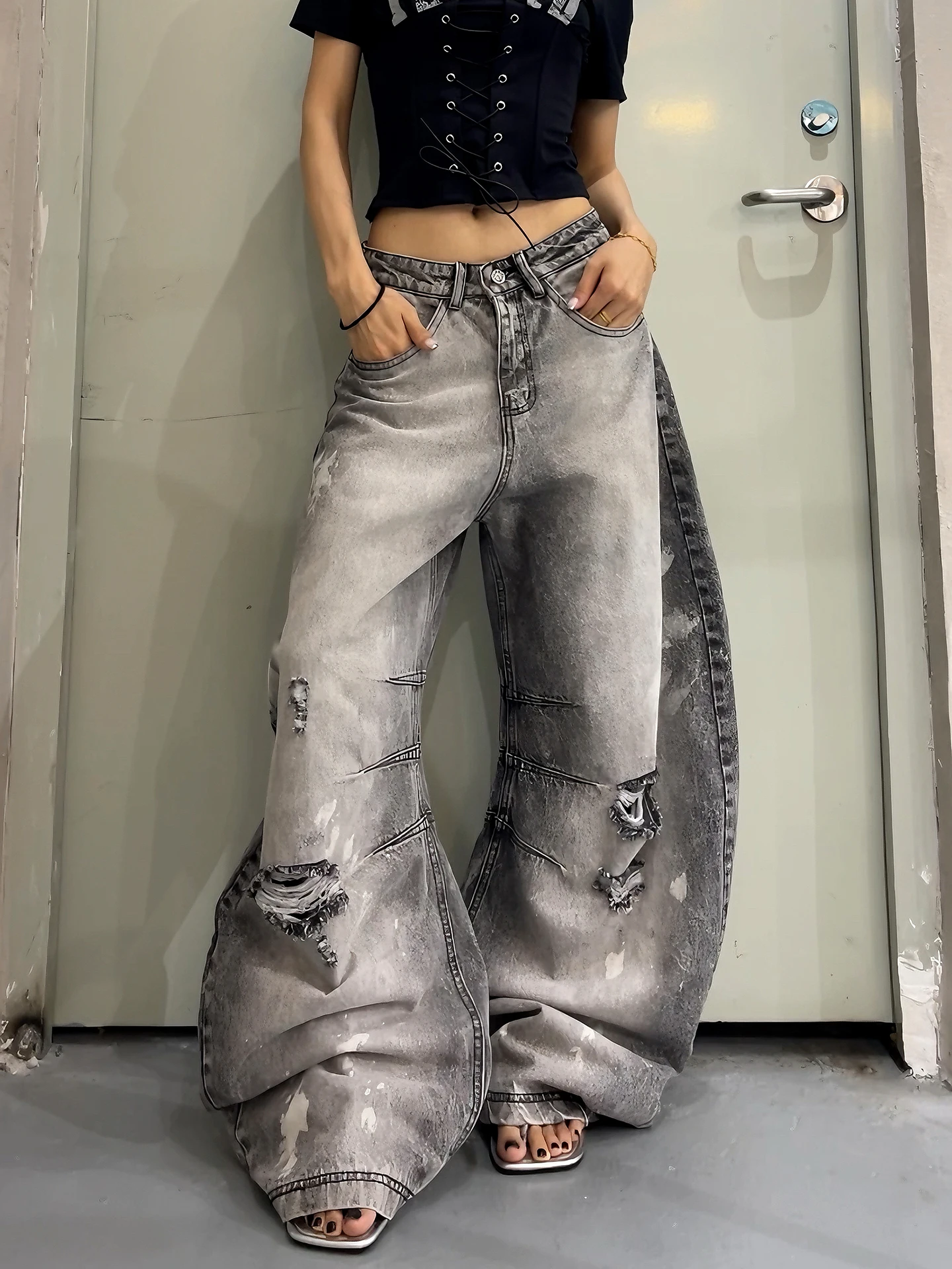 Street Style American Heavy Duty Distressed Loose Leg Cotton Jeans Women's Fashionable Wide Leg Floor-Length Trousers