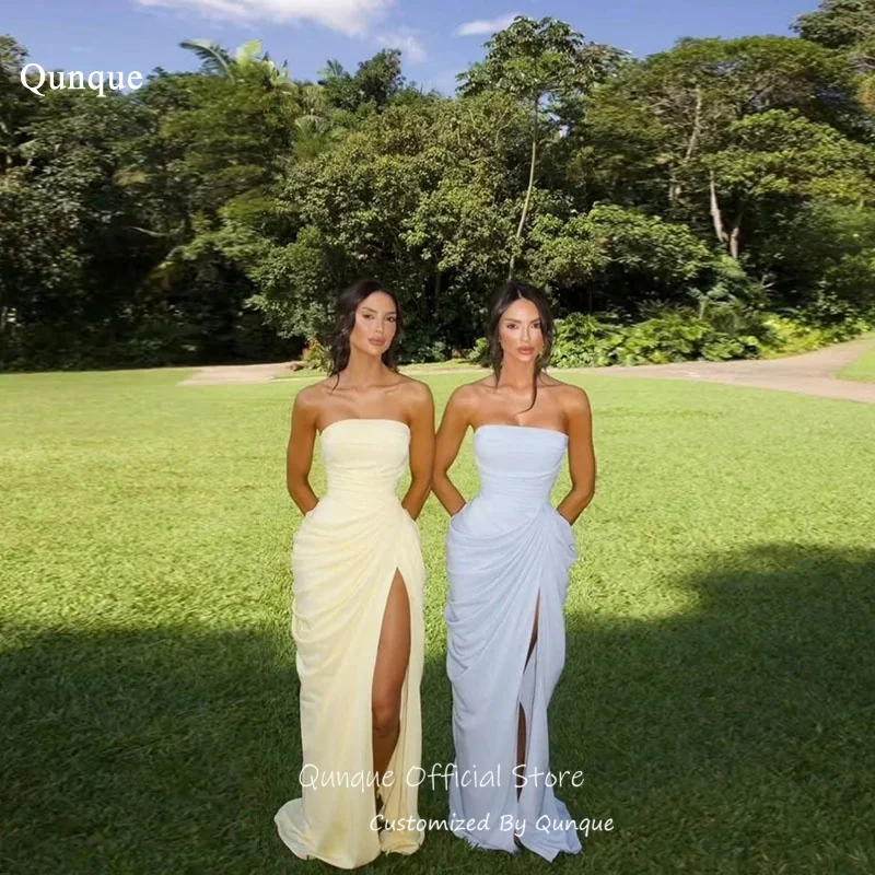 

Qunque Modern Strapless Ruched Evening Dresses Satin Women's Wedding Party Attire High Side Slit Vestidos Para Mujer Customized