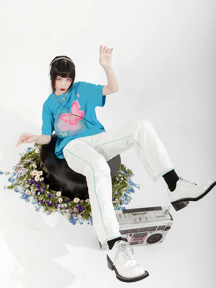 

Белые джинсы с высокой талией, прямые брюки в уличном стиле для девочек, ручная работа, эффект похудения, дизайн для тематических парков