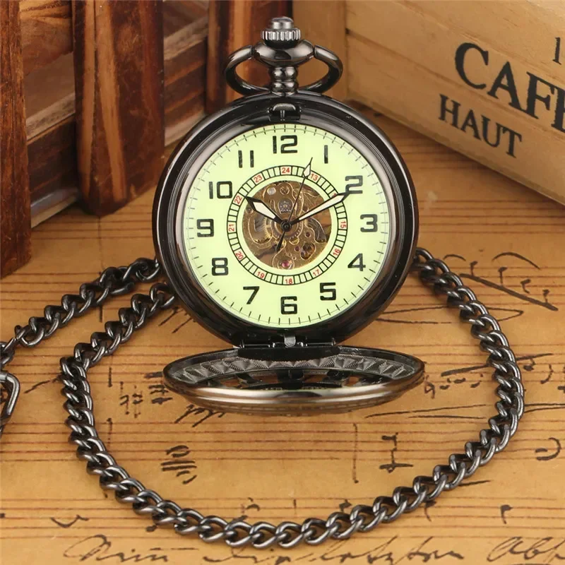 Antique Full Black Unisex Handwind Mechanical Pocket Watch Arabic Number Dial Manual Skeleton Clock Pendant Chain Collectable