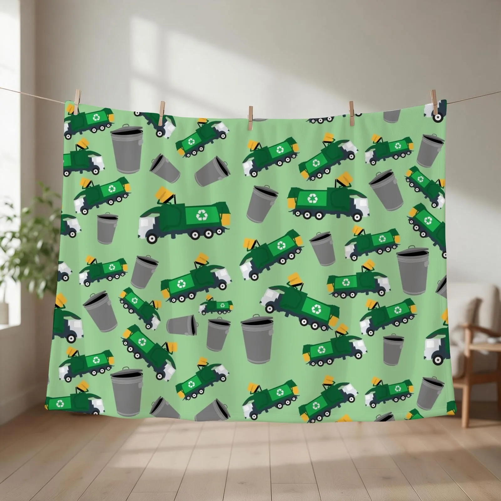 Recycling Garbage Truck Pattern Throw Blanket couch cozy soft plush fuzzy picnic outdoor blanket