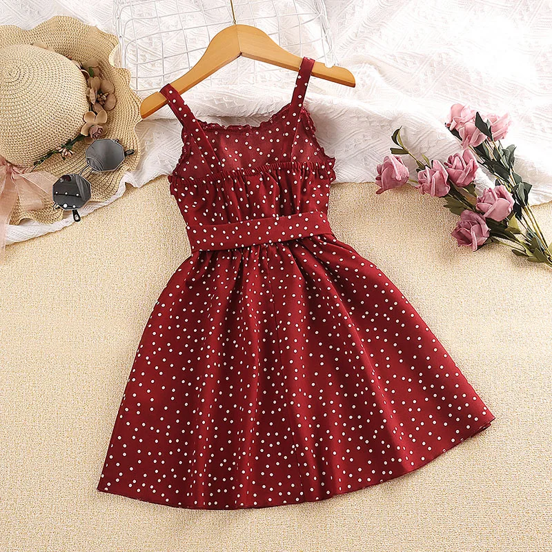 Kids Dress For Girls 4-7Years Red Polka Dot Strap Dress Comfortable And Cool