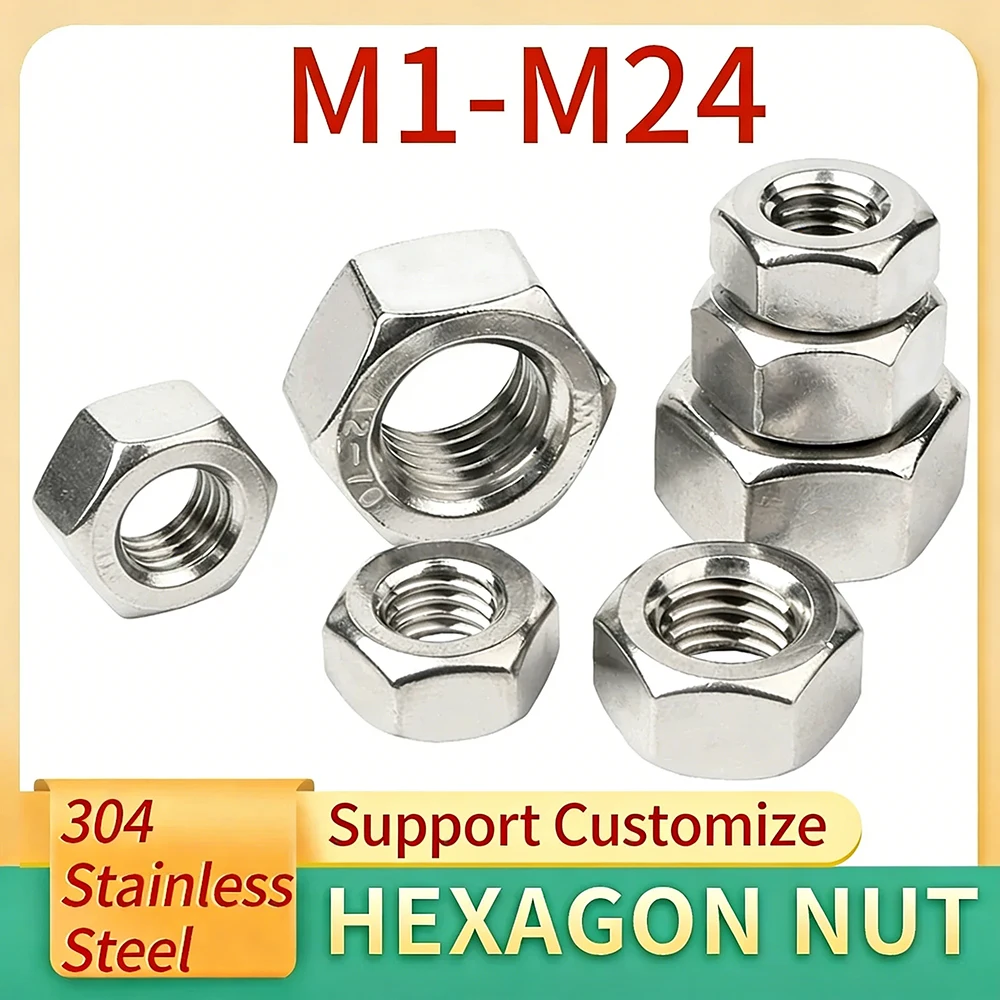 1-100Pcs M1 M1.2 M1.4 M1.6 M2 M2.5 M3 M3.5 M4 M5-M24 DIN934 Hex Hexagon Nut Screw Bolt 304 Stainless Steel Support Customize