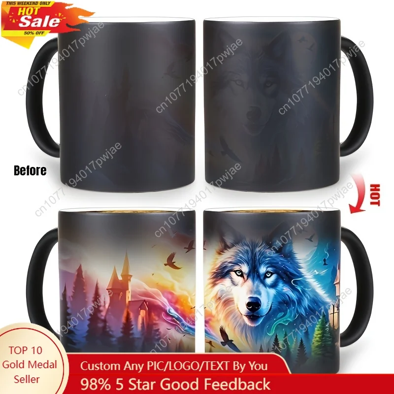

1pc Wolf Head Ceramic Mug with Revealing Wolf Head Color-Changing Coffee Tea Cup Dishwasher Wolf Paw Print Cup for Animal L