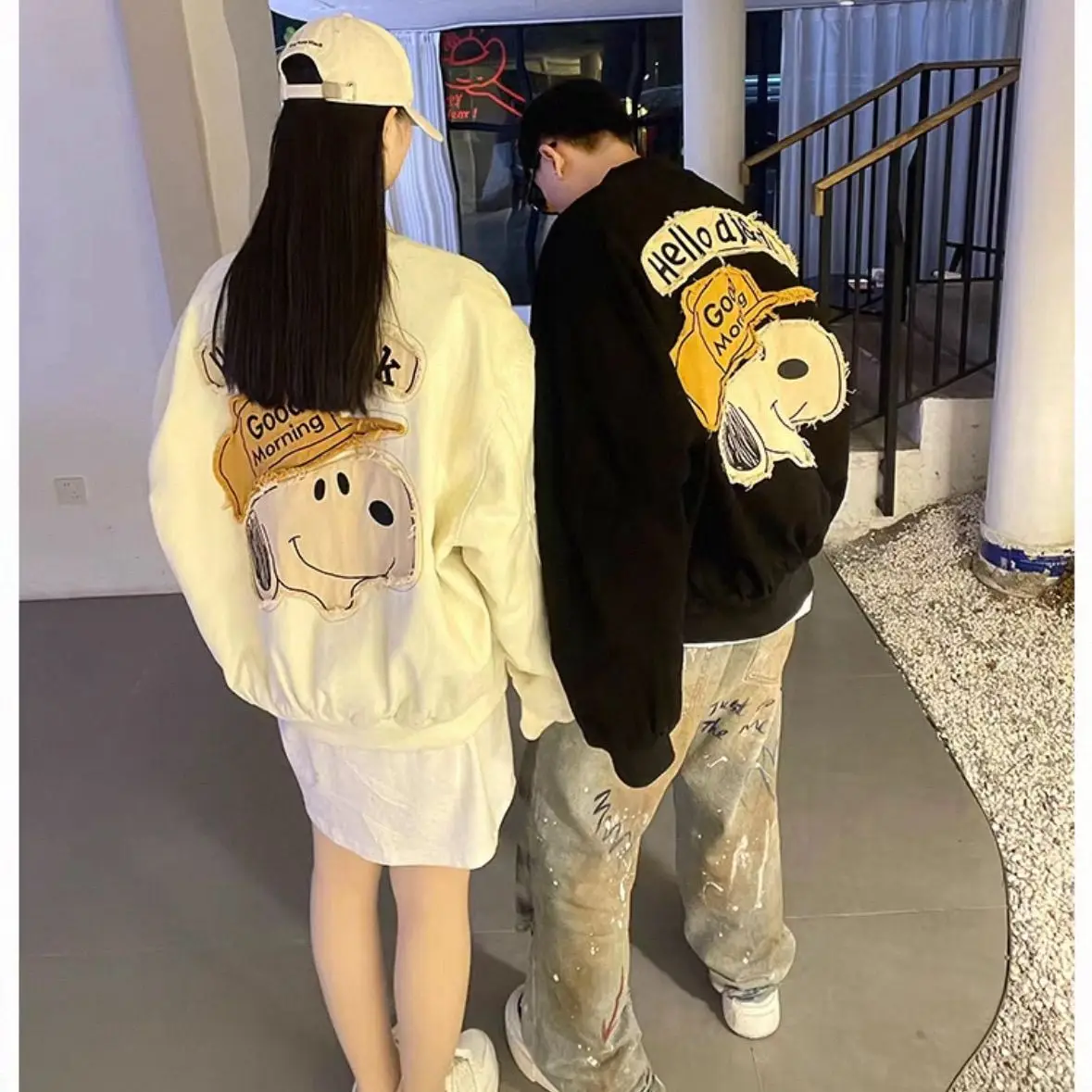 Fashion Snoopy Print Bomber Jacket Loose Oversized Black Baseball Coat Washed Texture Frayed Edge Back Patch Design Clothing