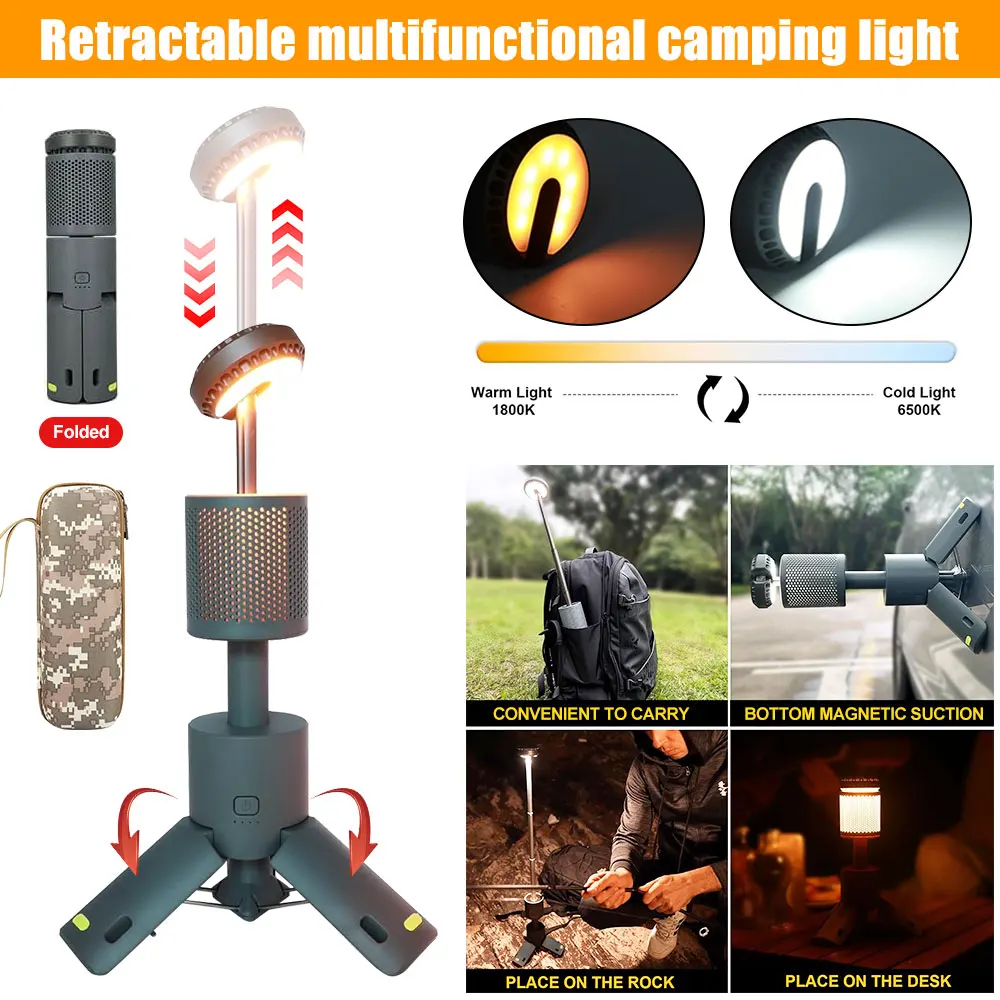 

Camping Light Flashlight Telescopic and Collapsible IPX7 Waterproof Night Light Mobile Lighting 10000mAh Battery Built-in Magnet