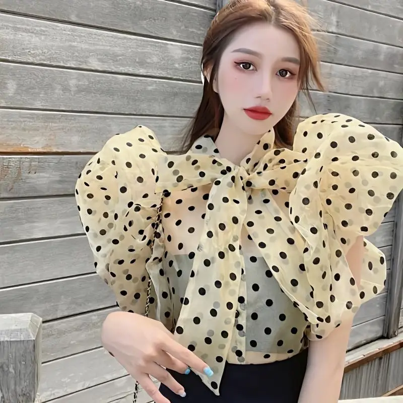 Ruffle Puff Sleeve Polka Dot Shirt Women Vintage Blusa Bow Lace Up Lantern Transparent  New Blouse Top 2024 Blouses Elegant Tops