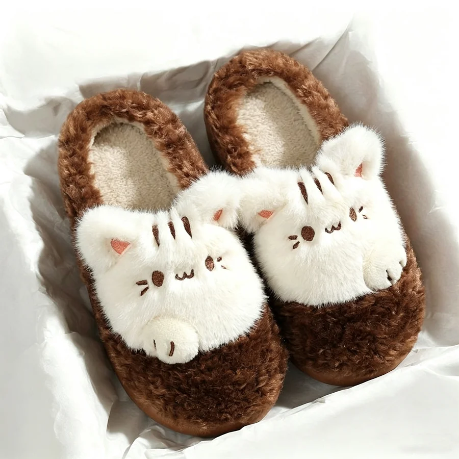 New Cuddly Kitten Cat Mules Slippers Women's Two Tone Curly Plush Home Winter Shoes Woman Indoor Furry Slides Bedroom Flip Flops