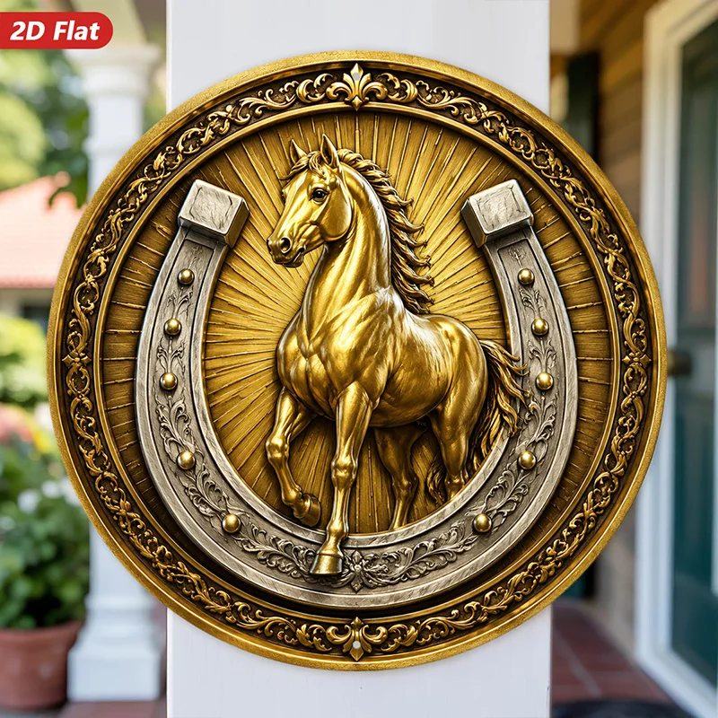 2D Flat, [2D Flat] 2D Flat Print 1pc Round Metal Iron Sign Golden Horse Emblem Wall Art, Golden Stallion Figure, Suitable for Co