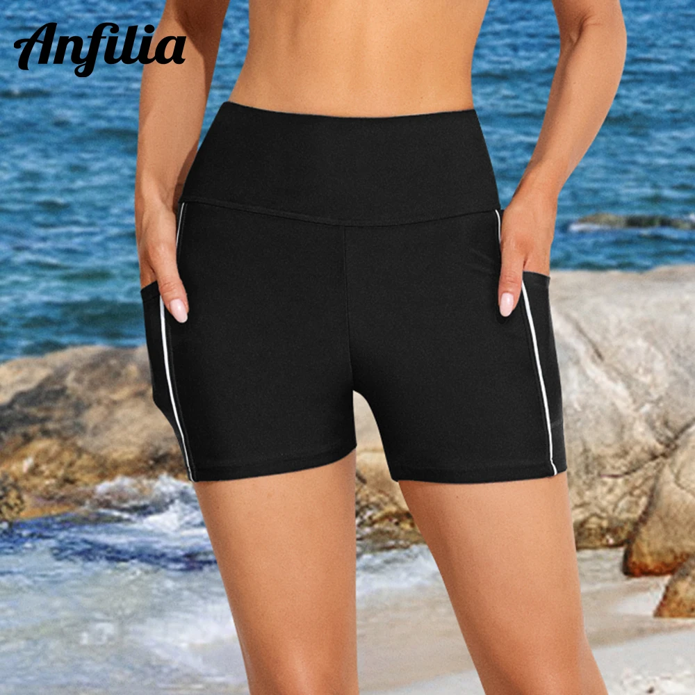 

Anfilia Women Swimming Trunks Boyleg High Elastic Side V Slit Wide Waistband with Pockets Slim Sporty Tankini Bikini Bottom