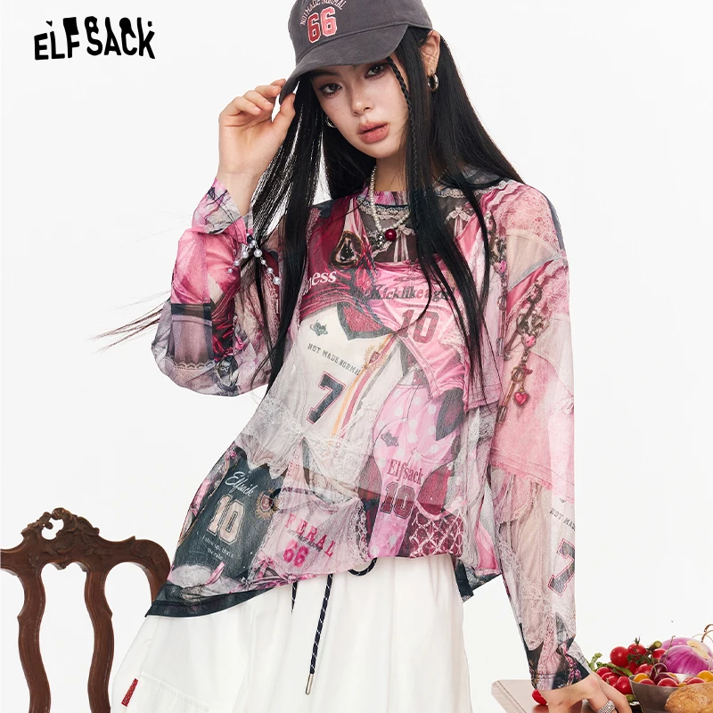 ELFSACK T-shirt à manches longues en maille, haut transparent imprimé rétro, t-shirt slim en patchwork avec motif chat mignon pour femme