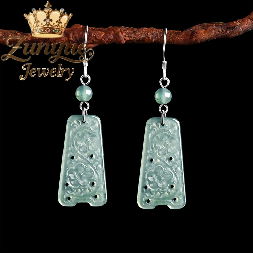

Natural A-Grade Jadeite Antique Plum Blossom Earrings S925 Silver Ice Type Jade Earrings Ancient-Style Earrings For Women