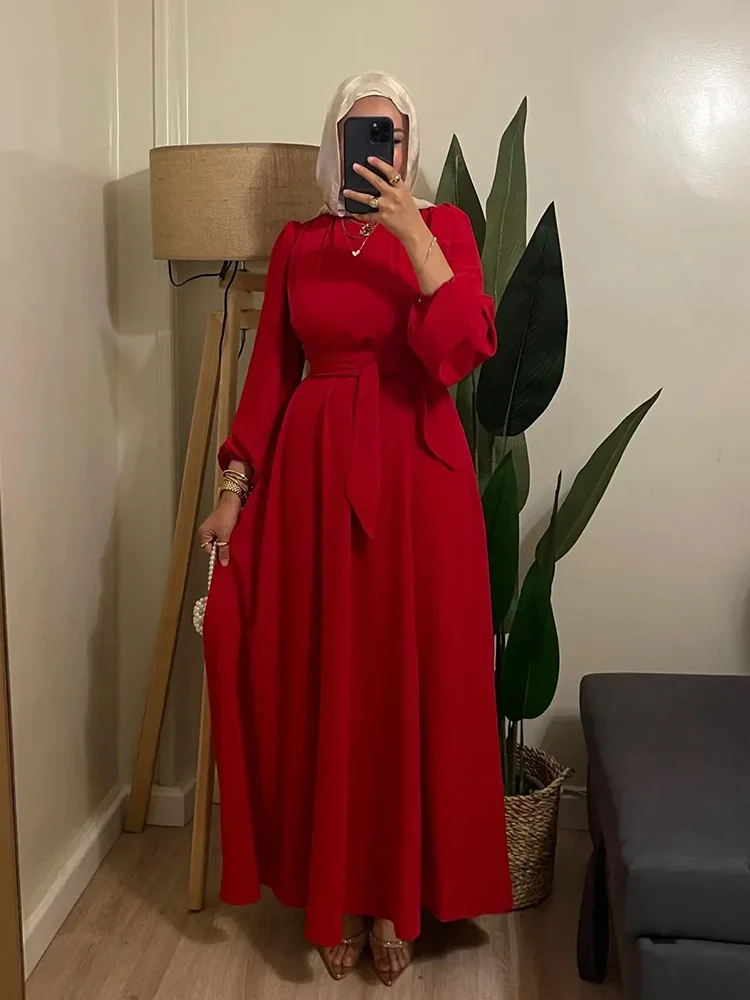 Jirocum Arabie Saoudite Élégant Rouge Musulman Robes De Bal Femmes O Cou Robe De Soirée Longueur De Cheville Une Ligne Robes D'occasion Formelles
