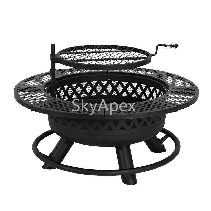 

36 Inch Round Outdoor Black Charcoal Grill Stainless Steel Fire Pit BBQ Garden Backyard Smokeless Heat Resistant Grate