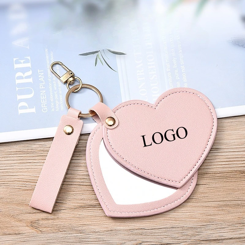 Custom LOGO Keychain PU Leather Heart-shaped Rotating Makeup Mirror Laser Engrave Car Keyring Portable Personalized Key Chains