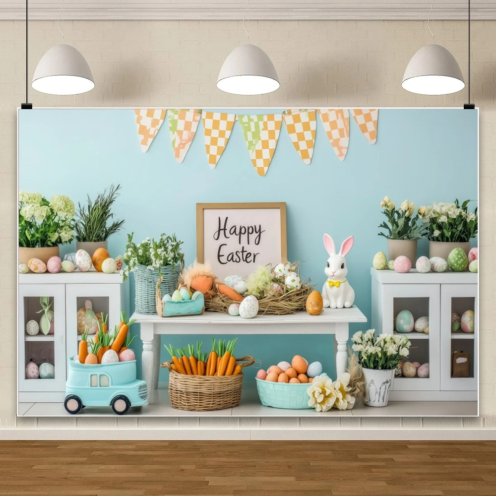 Easter Cottage Backgrounds For Photographs Gingham Curtain Bunny Carrot Egg Decor For Easter Party Family Kids Photo Backdrop
