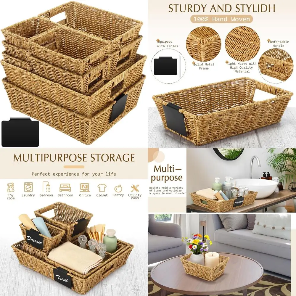 

Multi-Size Wicker Storage Baskets with Handle and Labels for Pantry, Closet, and Holiday Organization