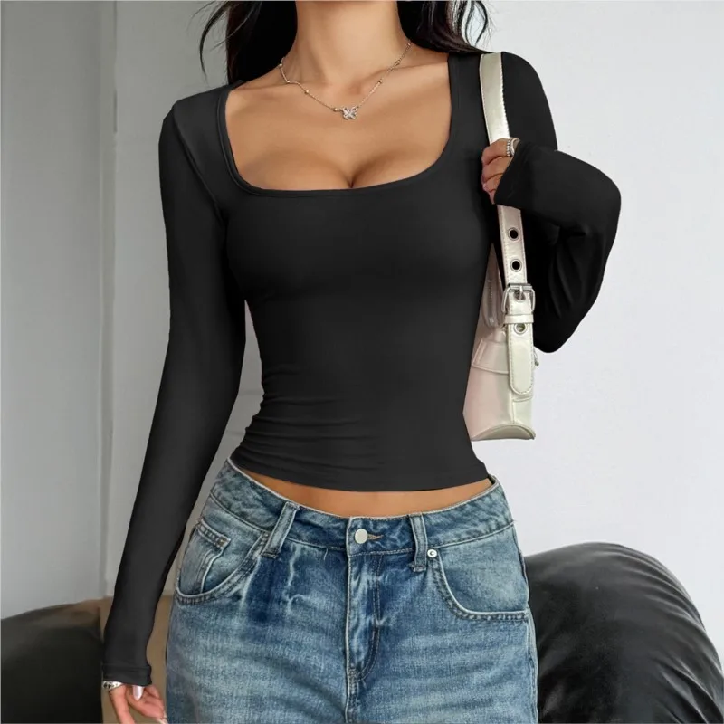 Y2K Spicy Girl Style Solid Color Long Sleeved Vest T-shirt Women's 2025 Spring/summer Women's Fashion Square Neck Slim Fit Top