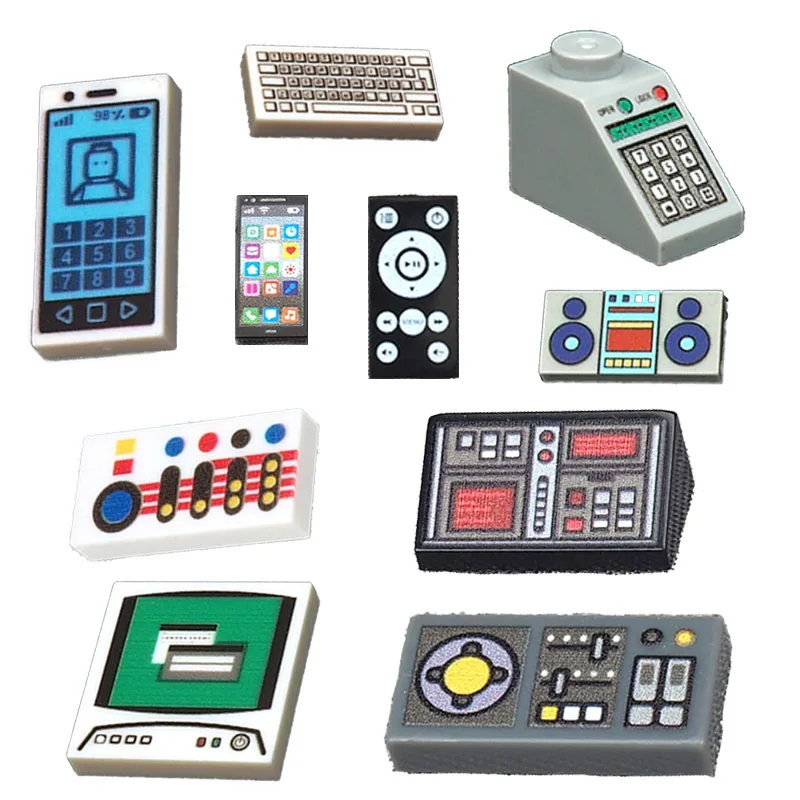 Accessoires de figurines d'impression de ville, blocs de construction, Center de contrôle informatique, Radar Audio, clavier, modèle de téléphone portable, Mini jouet en brique