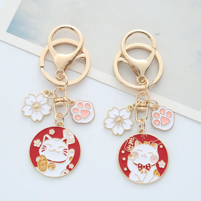 Cute Enamel Lucky Cat Keychain for Women Fashion Cherry Blossom Cat\'s Paw Koi Key Chain HandBag Decoration Jewelry Girls Gift