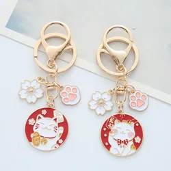 Cute Enamel Lucky Cat Keychain for Women Fashion Cherry Blossom Cat's Paw Koi Key Chain HandBag Decoration Jewelry Girls Gift