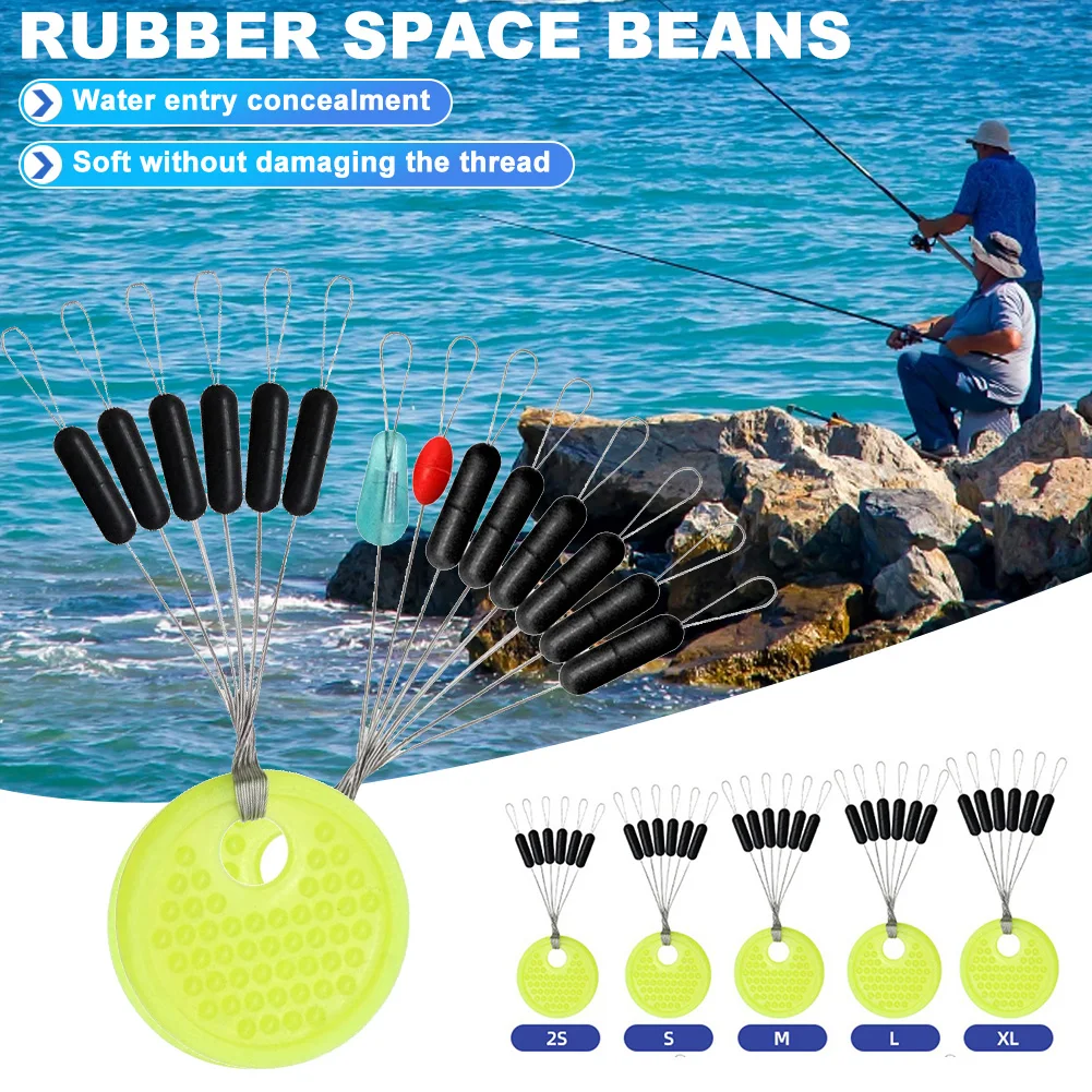 Fishing Rod Rubber Space Beans 60pcs 10Group Fishing Goods Black Rubber Oval Stopper Fishing Float Fishing Gear Bobber Equipment