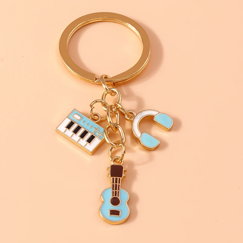 Cute Enamel Mini Musical Instruments Keychain Piano Guitar Keyring Pendantsfor Women Girls Handbag Accessories DIY Jewelry Gift