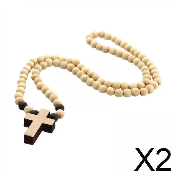 

Cross Necklace Wood Beaded Chain Fashion Pendant Jewelry Rosary Necklace for Wedding Baptism Party
