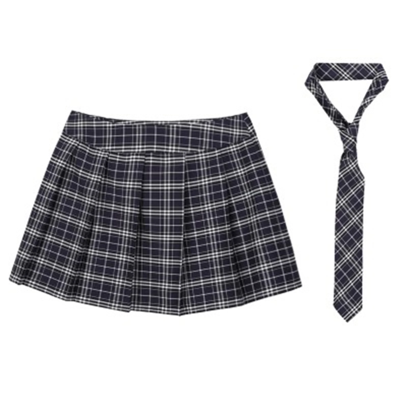 Womens Zipper Plaid Pleated Mini Skirt with Necktie Japanese Schoolgirls Role Play Uniform Sexy Fancy Dress Ball Cosplay Costume