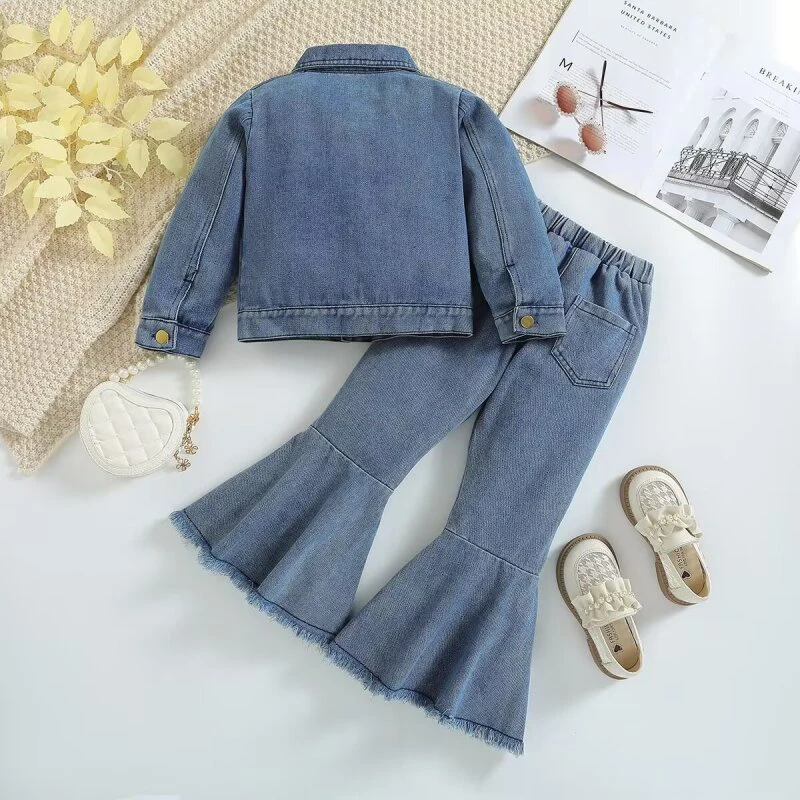 Kids girls Denim clothes Suits European American 2024 Long Sleeved short Jacket+wide Leg Jeans 2pcs children girl set outfit