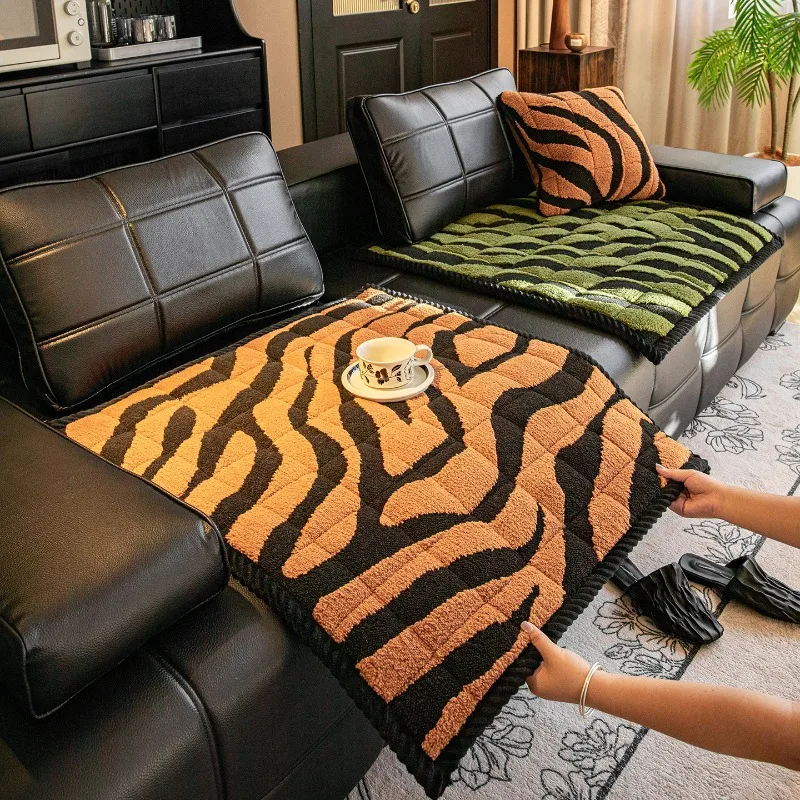 Zebra Stripe Comfortable Sofa Cushion  Winter Thick Plush Sofa Cover Non-slip Mat Integrated Dustproof Living Room Decoration