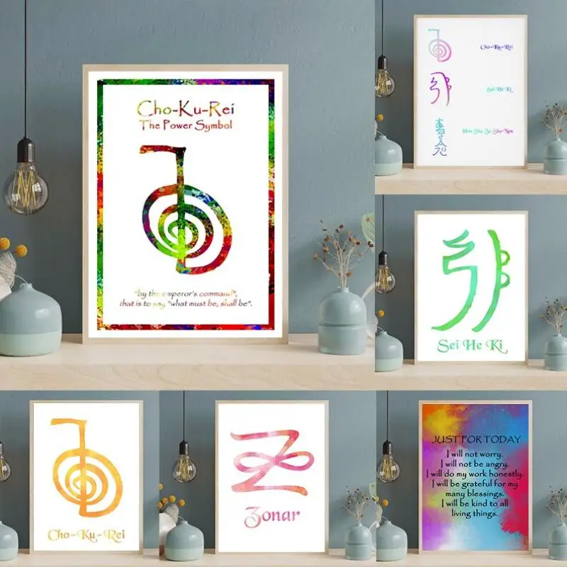 Buntes Reiki-Symbole-Prinzipien-Poster Leinwandbild für Wohnzimmer-Wanddekoration und Schlafzimmer