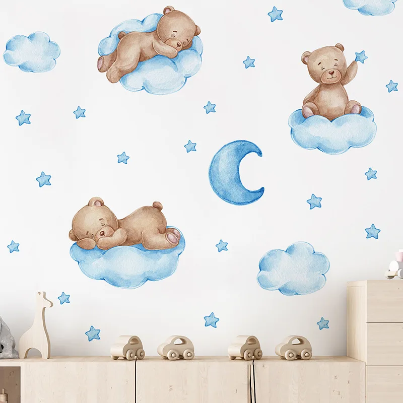 3 Colors Cartoon Bear Clouds Moon Wall Stickers for Kids Baby Room Nursery Decor Wallpaper Boys Girls Bedroom Wall Decals