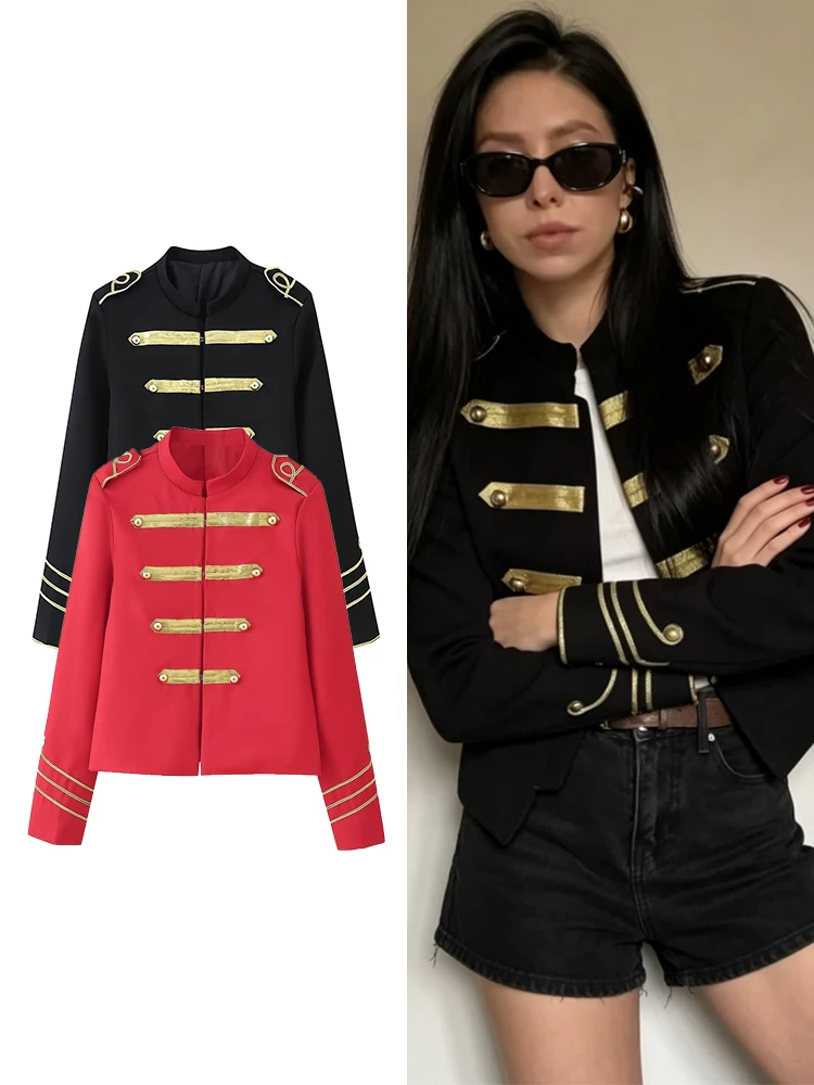 

TFMLN Women Hussars Jacket Retro Stand Collar Breasted Button Decoration Cropped Jacket Leisure High Street Female Coats