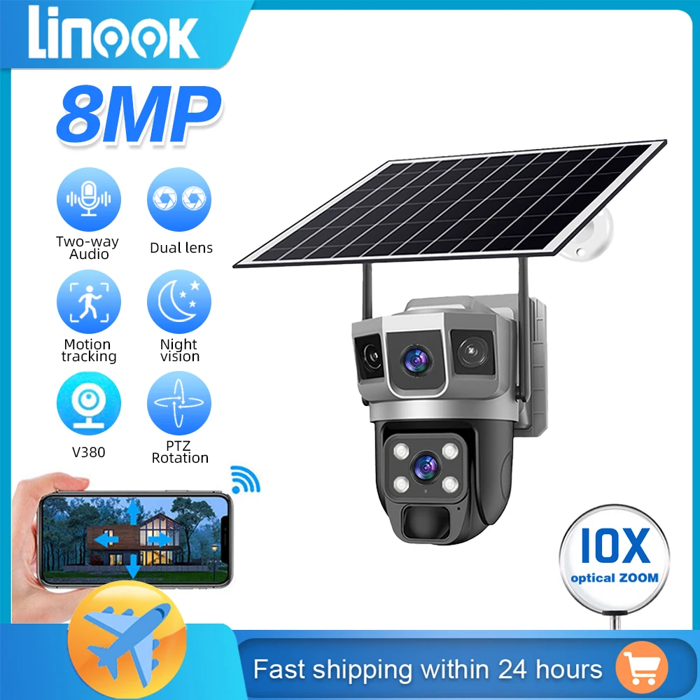 Linook dual lens,V380,4K,10X,outdoor security camera,closed-circuit television,4G SIM card camera, wireless WIFI solar camera