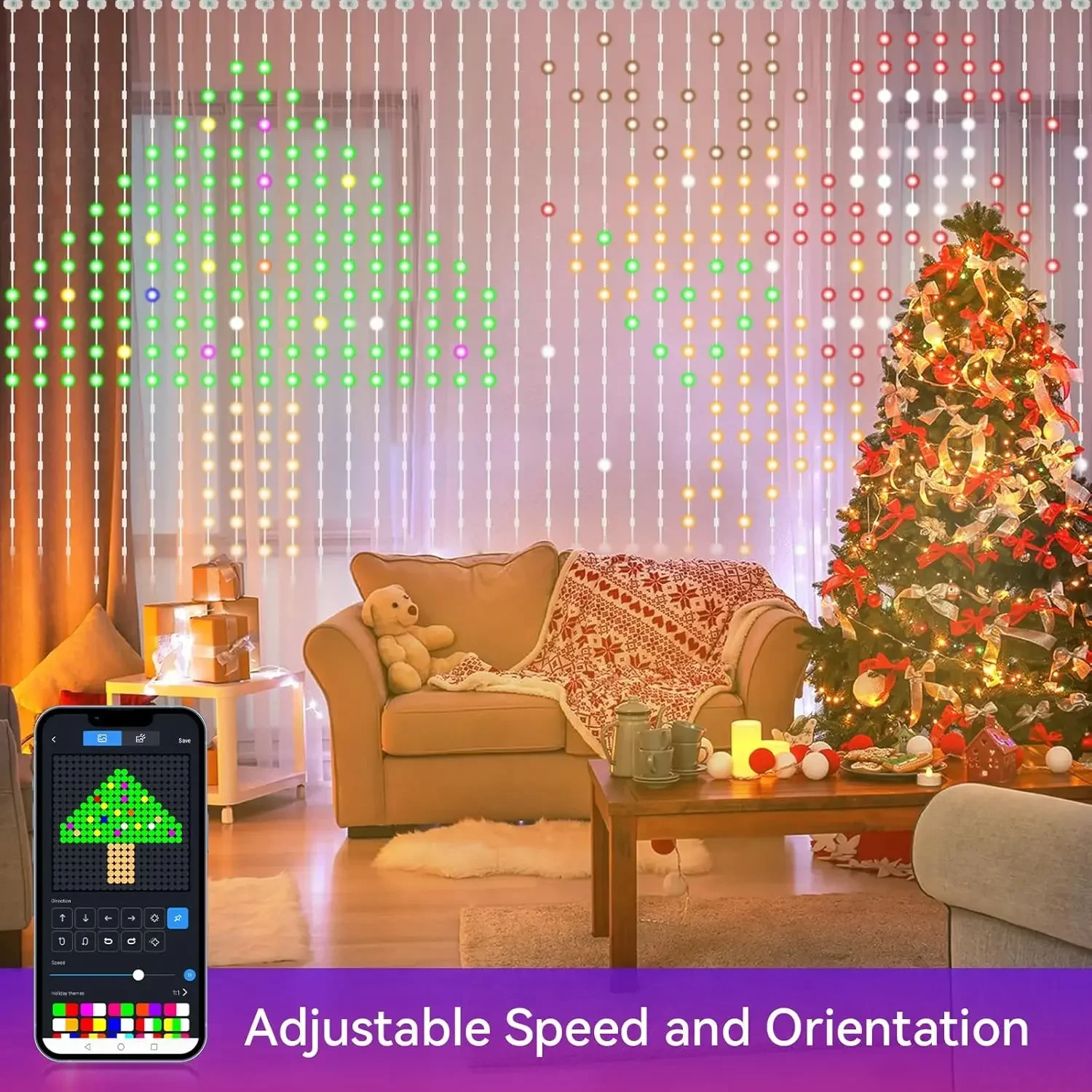 Smart APP Luci per tende a LED natalizie Modello di testo fai-da-te Animazione Ghirlanda di fata Luci a corda RGB per l'arredamento della stanza nuziale di Natale