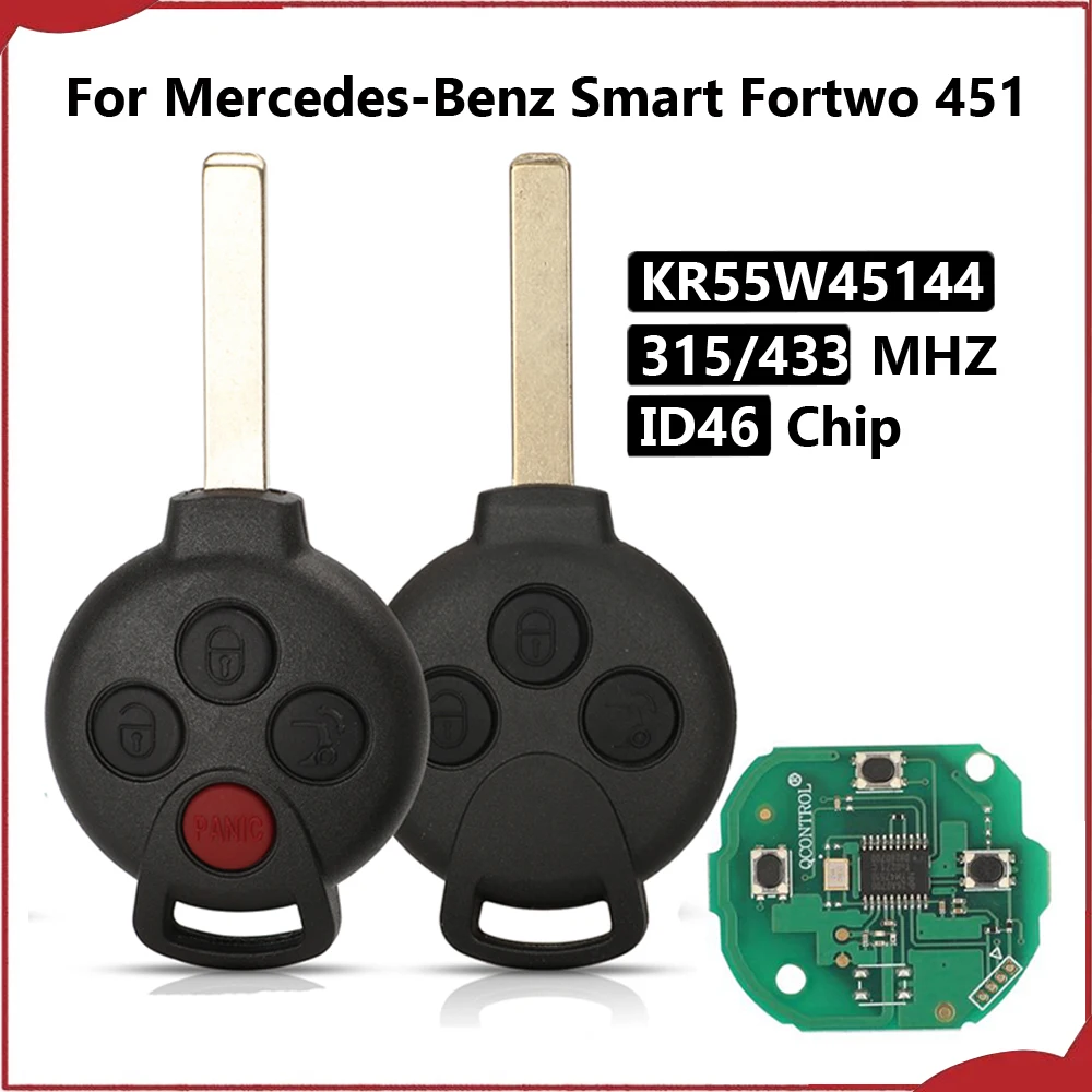 jingyuqin New 3/4 BTN 315/434Mhz ID46 7941 Chip Remote Car Key Fit For Mercedes-Benz Smart Fortwo 451 2007-2013 KR55W45144
