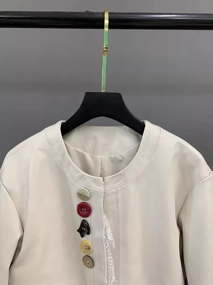 Herbst Frauen Echtes Leder Jacke Mode Taste Spitze Verstärktes Büro Damen Oberbekleidung Casual Langarm O Hals Kurzen Mantel