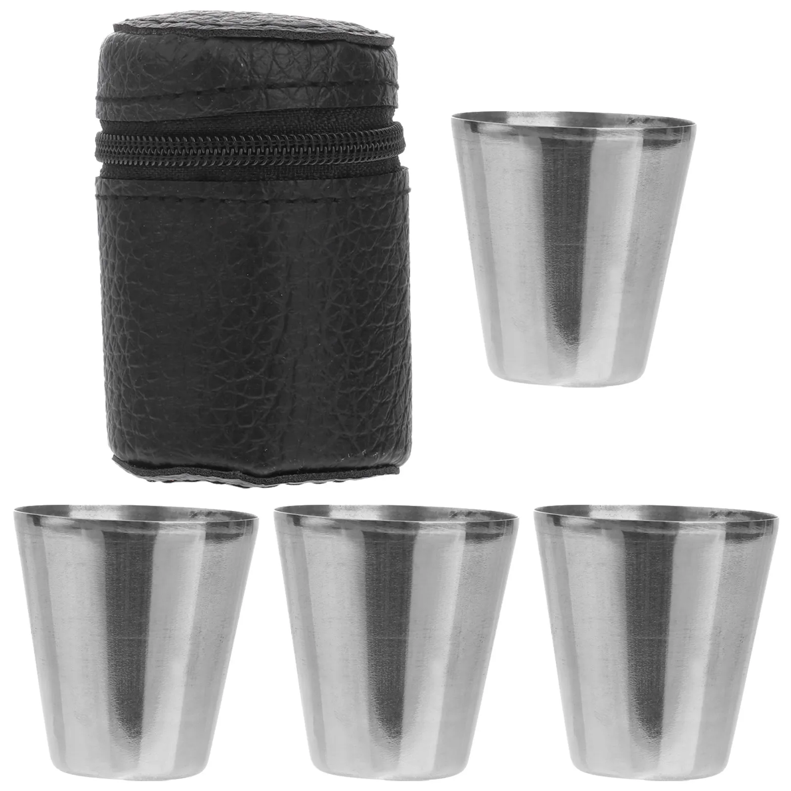 Juego de 4 Vasos Portátiles de Acero Inoxidable para Chupitos, Mini Vasos de 30 ml para Viajes, Whisky, Vino, Cerveza, con Estuche de Transporte Negro